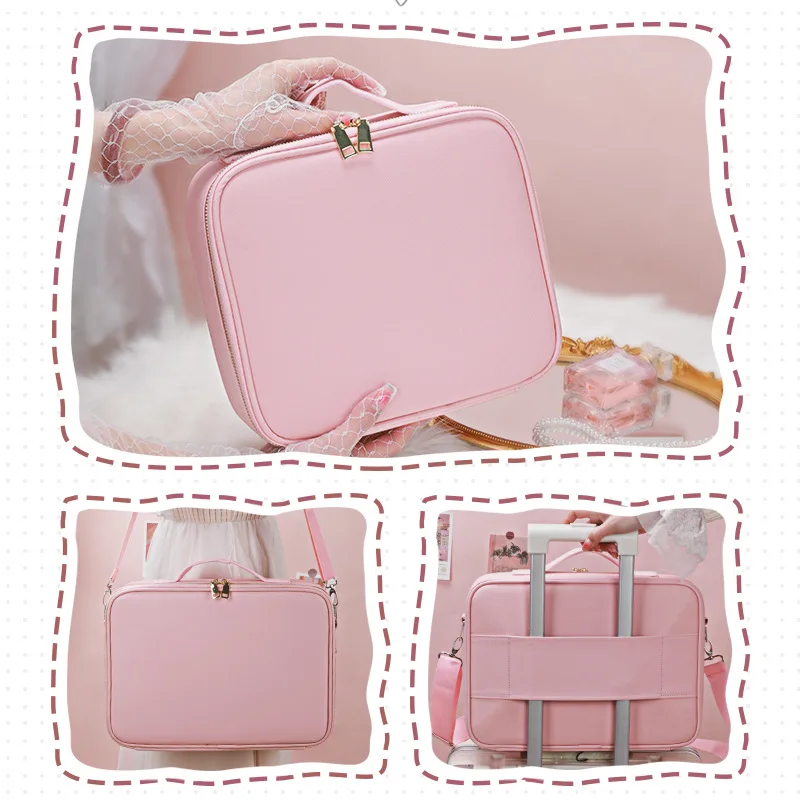 Pink Cosmetic Bag Large Capacity Cosmetic Organizer Bag Travel Follow Makeup Artist Handheld Cosmetic Case