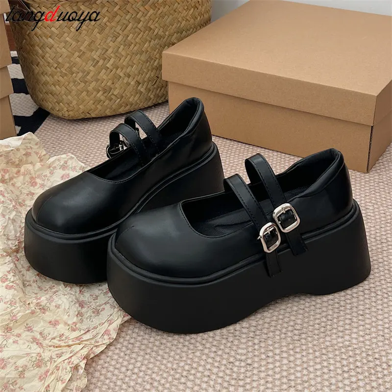 Jesień Harajuku Japanese Punk Rock Gothic Lolita Shoes Women Wedge High Heels girls College style Thick Sole JK uniform shoes