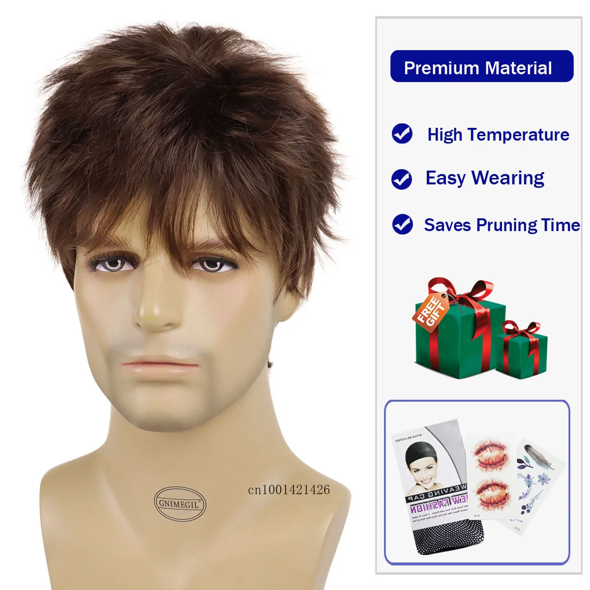 Peluca corta de pelo sintético para hombres y chicos, pelucas de repuesto, mezcla Natural, marrón, informal, uso diario, fiesta de carnaval,
