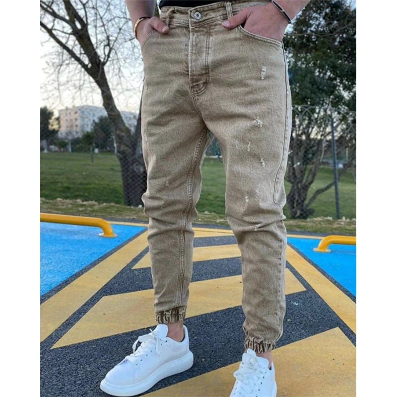 Fashion Men's Colorful jeans Oversized Slim Ripped Denim Trousers Bunched Foot pants Casual Stretch jeans for men Street Wear