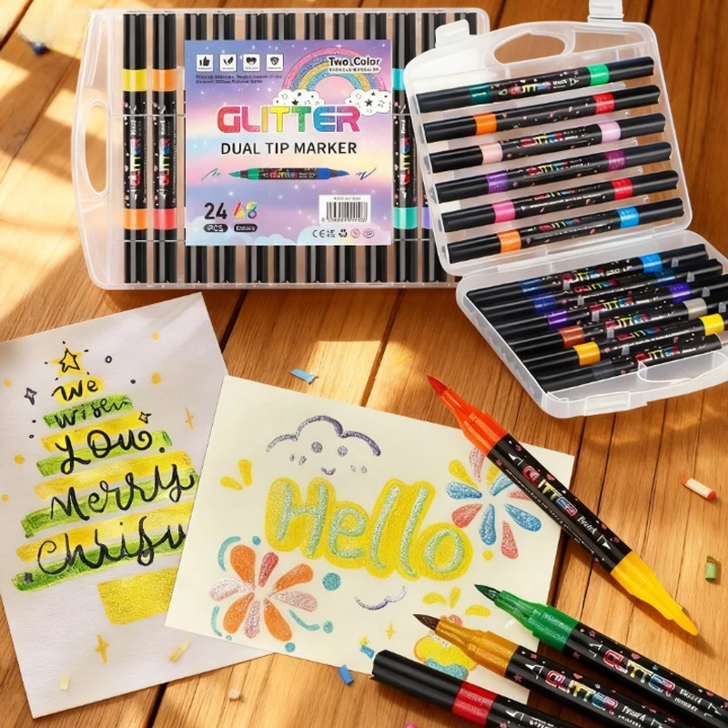 

12/24 шт. набор блестящих ручек, двуглавый двухцветный дизайн, не легко выцветает, иллюстрации для каллиграфии, украшение для граффити, справочника