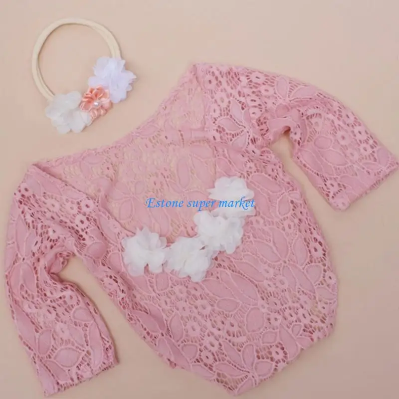

090B Newborn Photography Props Baby Lace Rompers with Flower Headband Lightweight Skirt for Girl Princess Birthday Party