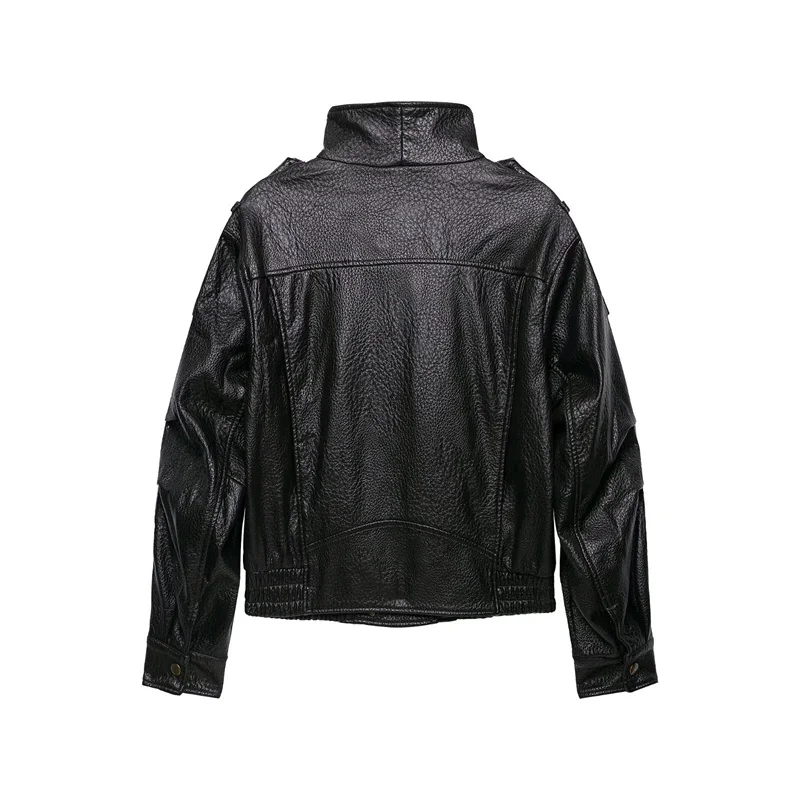 Guobioziy Women's Top 2026 Spring and Autumn New Fashion Versatile Solid Color Long Sleeve Litchi-Pattern Leather Jacket