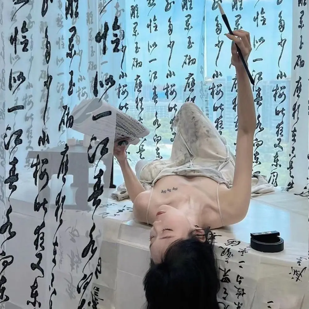 

3 Colors Chinese Calligraphy Curtain Ancient Style Window Tulle Calligraphy Hanging Cloth Retro Chinese Character Fabric