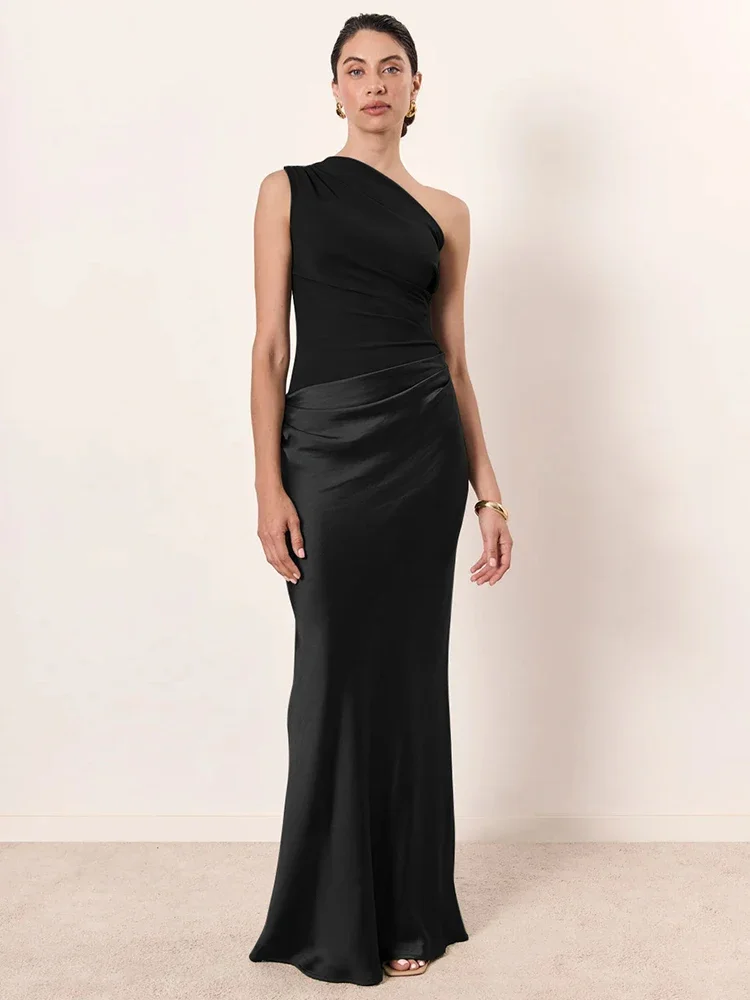 XIAOTANG 새틴 경사 어깨 섹시한 맥시 드레스 여성 패션 패치 워크 민소매 Backless Bodycon 이브닝 클럽 파티 드레스
