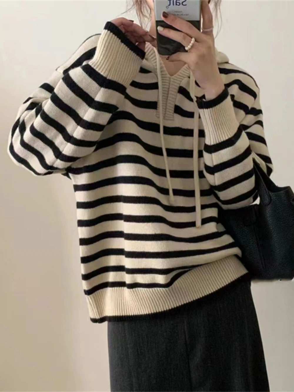 Vintage Women's Sweater 2024 Fall Hooded Long Sleeve Color Contrast Stripes Loose Comfortable Fashion Ladies Top