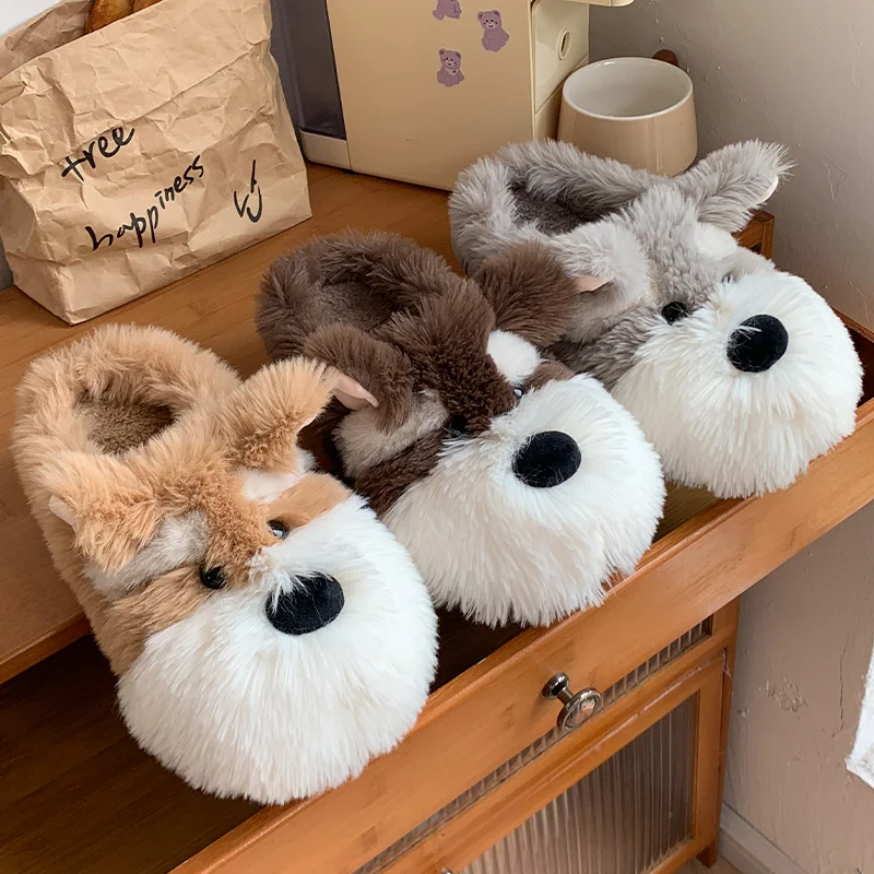 حقيبة كلب كرتونية لطيفة مع ممسحة قطنية للنساء شتاء جديد للمنزل الداخلي ونعل سميك ومضاد للانزلاق أحذية قطنية دافئة للزوجين