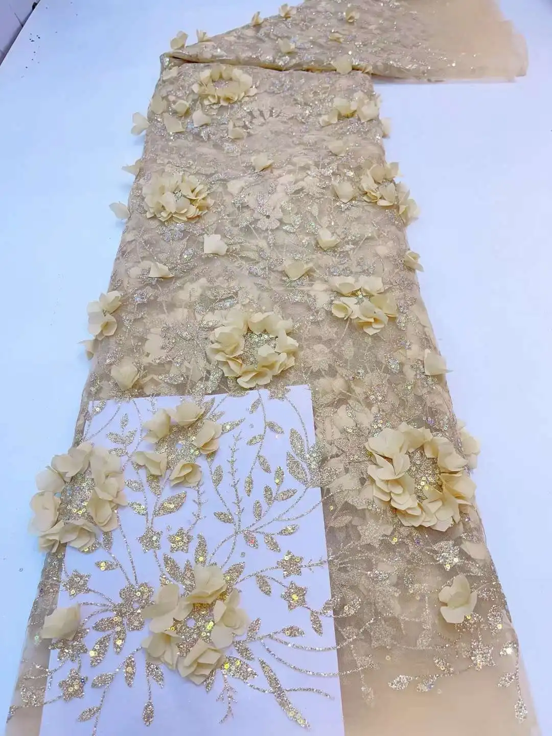 Beautiful  Glue glitter Lace With 3D Flowers French Tulle Net , African Fabric ,Women's Evening Dresses ,Party ,Weddings