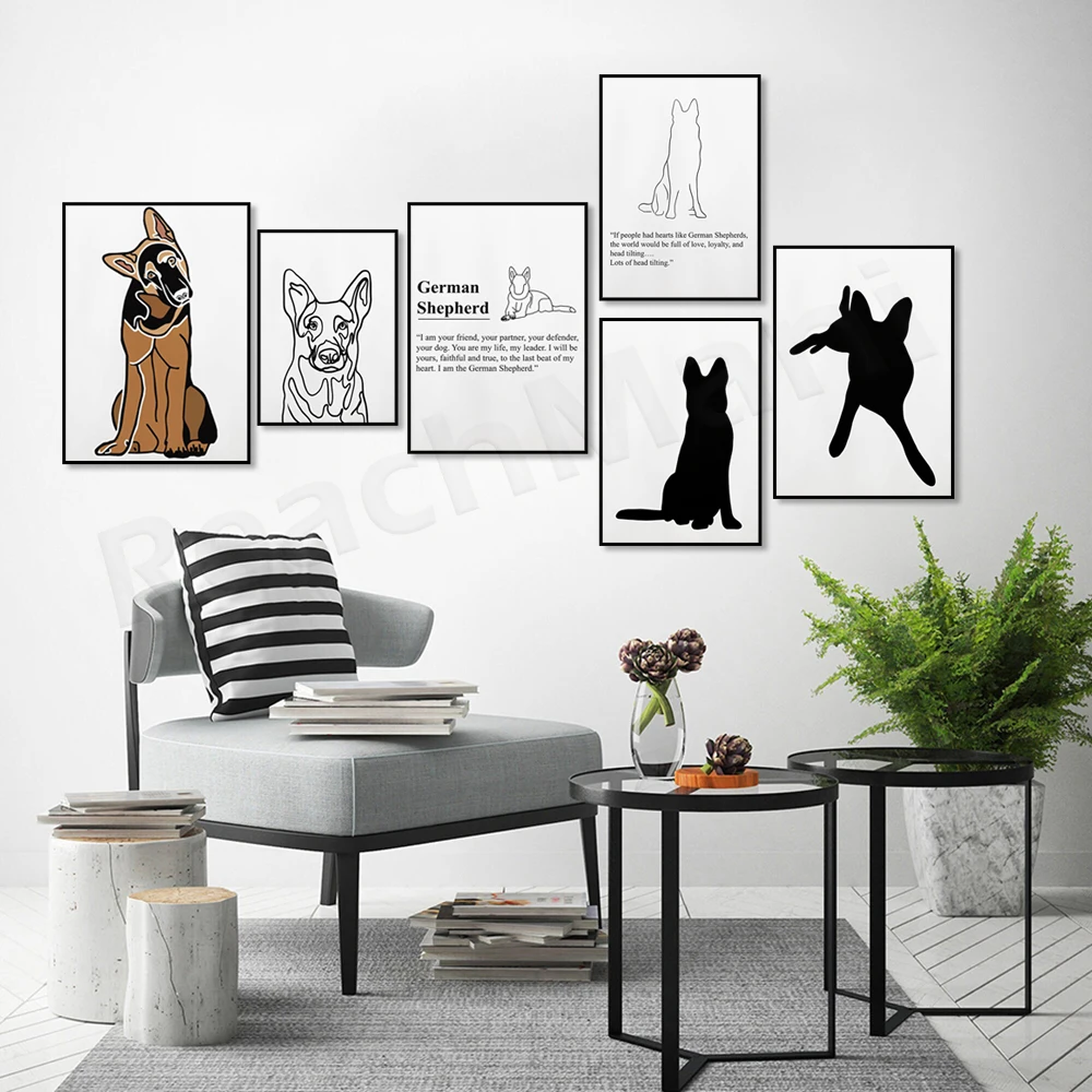 German shepherd, silhouette, german shepherd line art poster nordic scandinavian pole canvas decoration, german shepherd mom gif