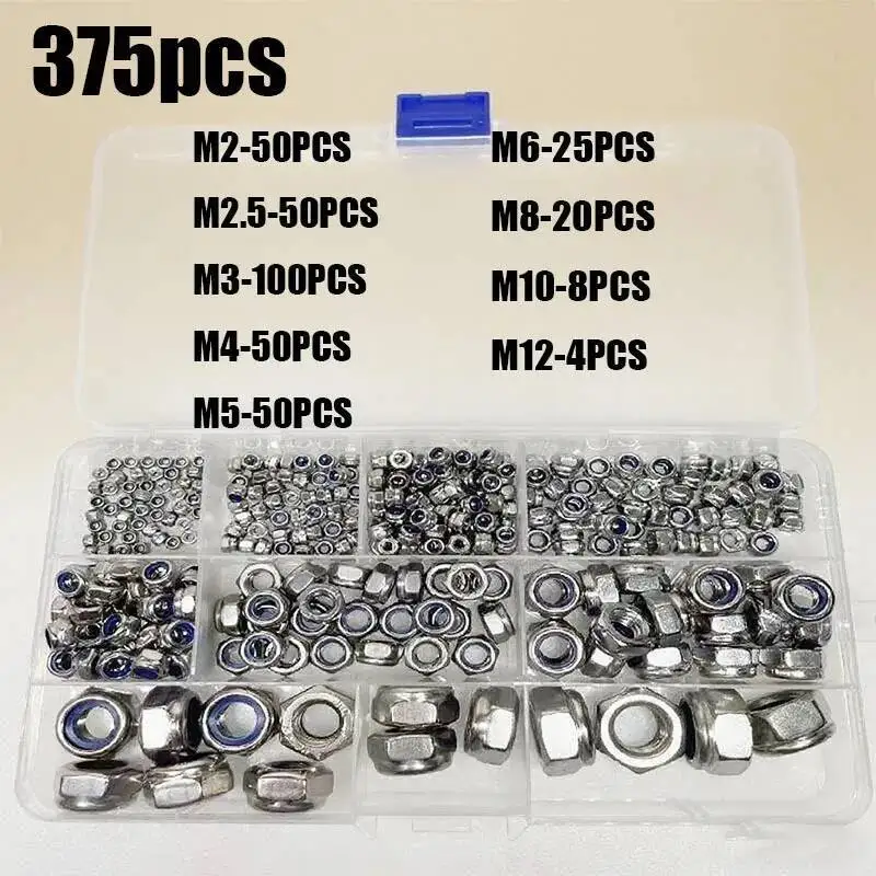 Sortimentsset Kit Box DIN985 M2 bis M12 Mix Sechskant-Nyloneinsatz Sicherungsmutter 304 A2 Edelstahl Sechskant selbstsichernde Nylock-Sicherungsmutter