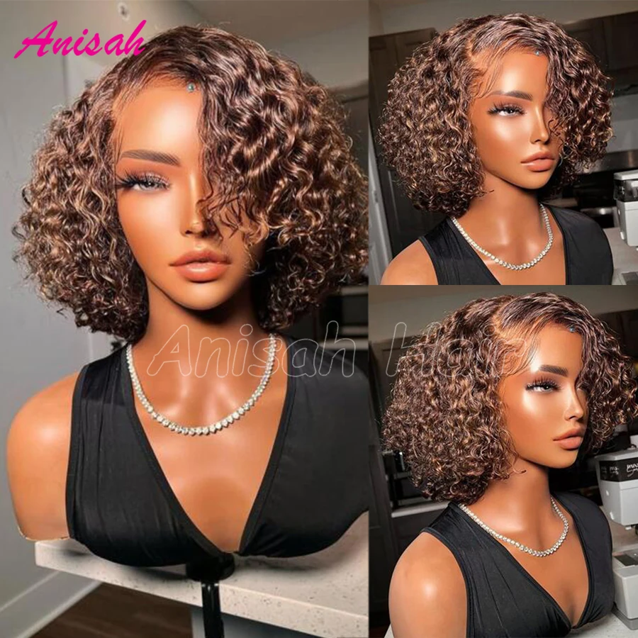 Brazilian Virgin Hair Short Curly Human Hair Wigs Deep Wave Colored  Lace Front Wig Short Bob Wigs Pre Plucked For Women