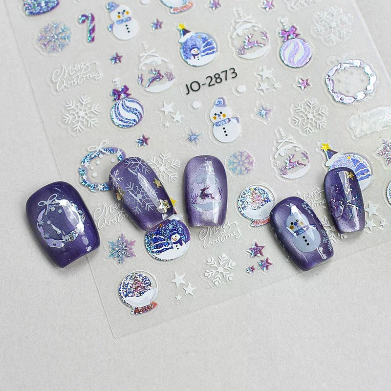 1Sheet 3D Colorful Snowflake Nail Art Stickers Self-Adhesive Sparkle Christmas Tree Snowflakes Decals Winter Manicure Sliders