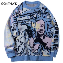 Harajuku Sweaters Y2K Grunge Knitted Cartoon Graphic Jumpers Streetwear Hip Hop Punk Gothic Baggy Casual Long Sleeve Pullover