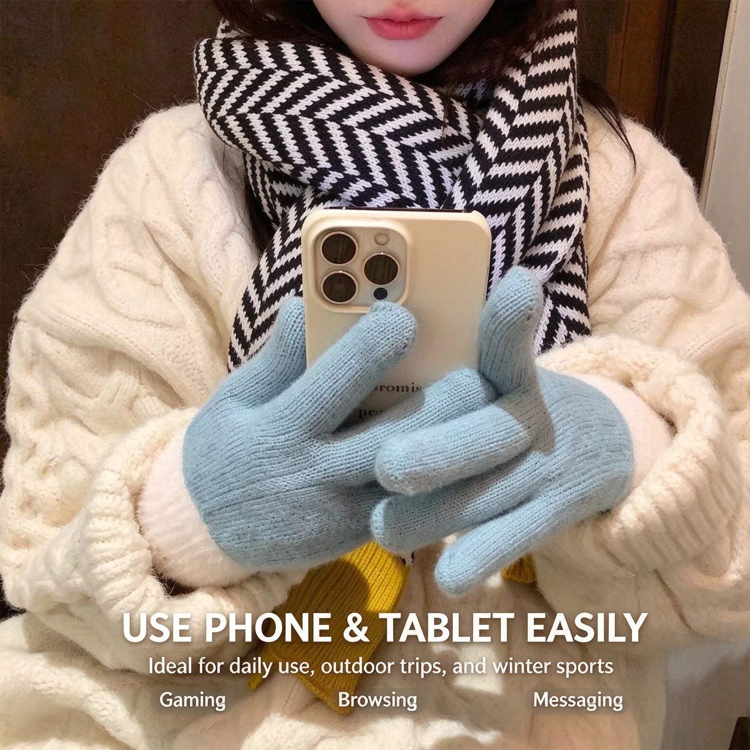Autumn and Winter Women's Color-Blocked Plush Knitted Five-Finger Gloves, Fleece-Lined and Thickened for Warmth, Touchscreen-Compatible, Versatile Outdoor Cycling Gloves/Color-Blocked with Fringed Cuffs, Knitted Yarn, Fleece Lining, Touchscreen-Compatible Fingertips, Five-Finger Style