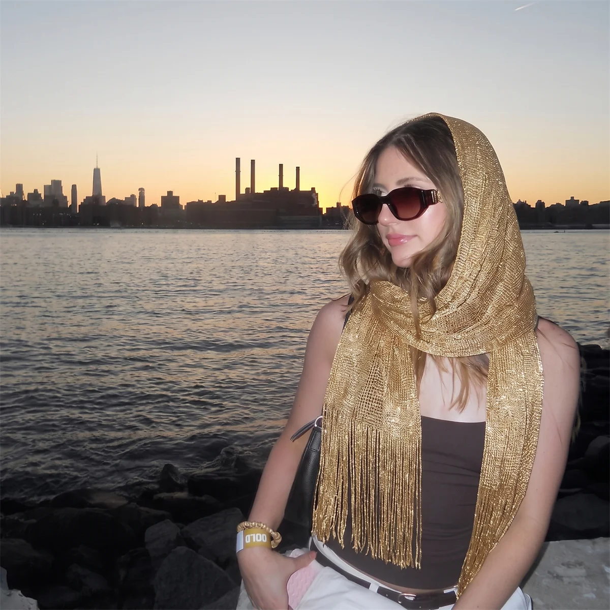 Y2K Sparkly Thread Solid Tassel Scarf Slim Neck Wrap Shiny Mesh Headband Shawl For Lady Rave Festival Street Night Out Outfit view 4