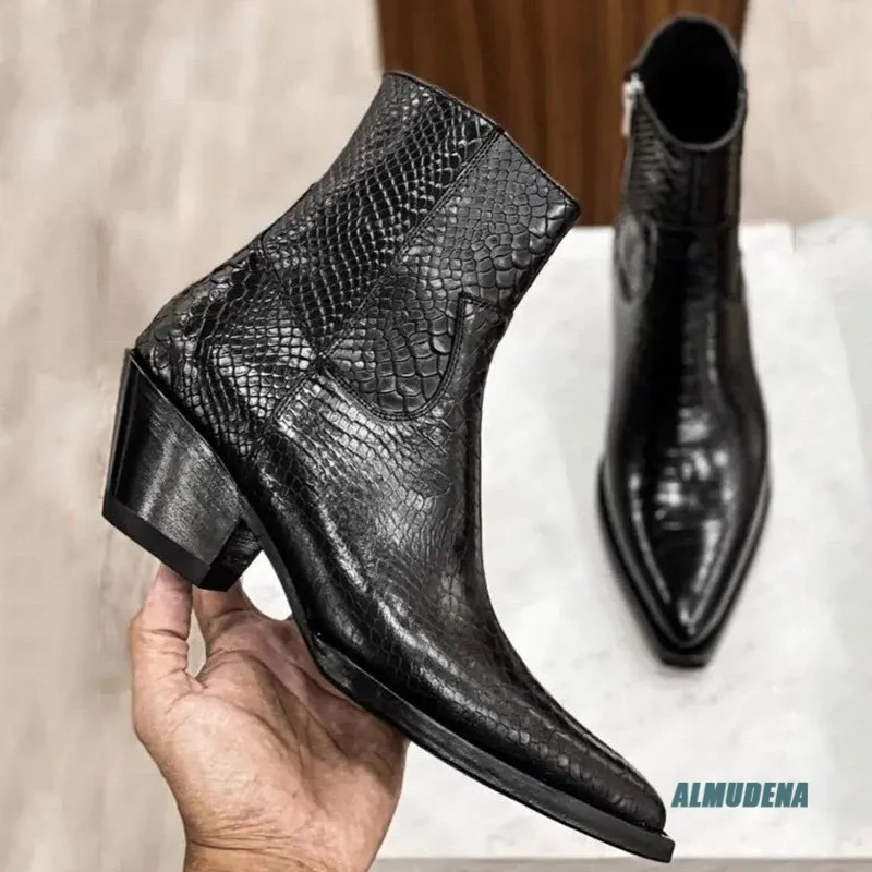 Botas Chelsea de tacón cubano con cremallera lateral y punta puntiaguda para hombre, con estampado de serpiente negra, estilo western, para moda urbana 2026