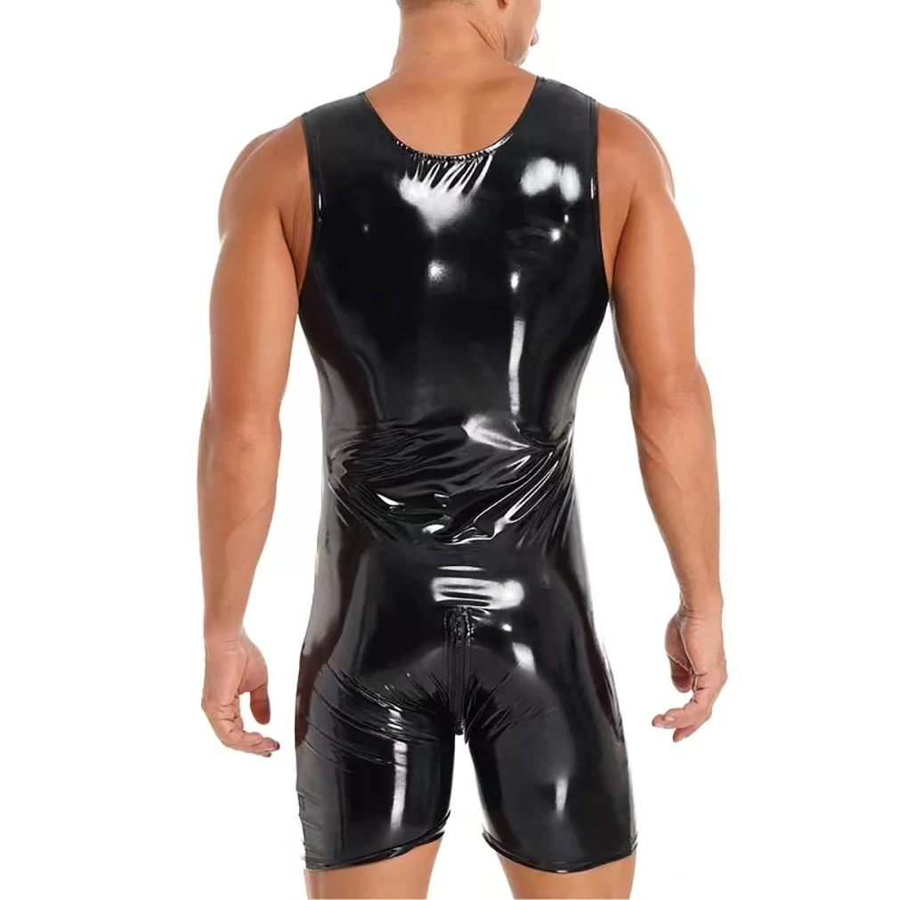 Men's Zipper Patent Leather Jumpsuit Glossy Sexy Sleeveless Bodycon Catsuit Nightclub Stage Bodysuit PVC Wetlook Dance Clubwear