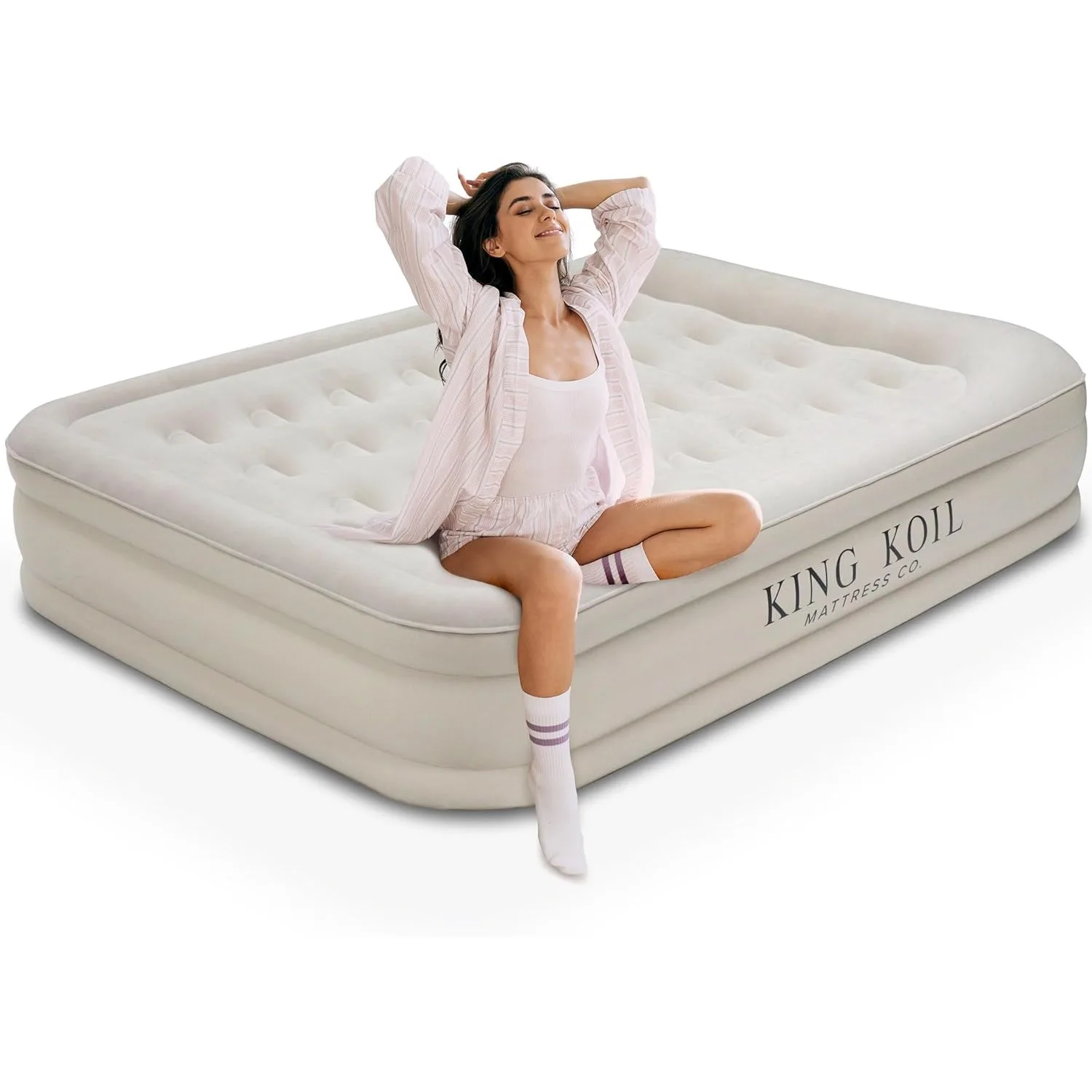 

Luxury Air Mattress 16in Full Size Beige with Built-in Pump for Home, Camping & Guests-Inflatable Double High Mattress