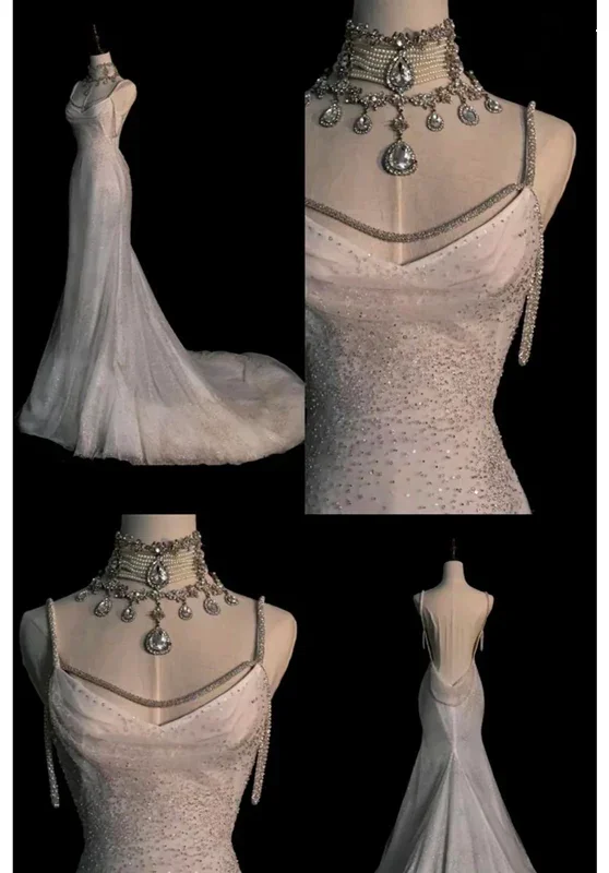 

Msikoods Luxury Shiny Wedding Dress Backless Spaghetti strap Bridal Dress Beading Mermaid Brides Formal Wedding Gown Customized