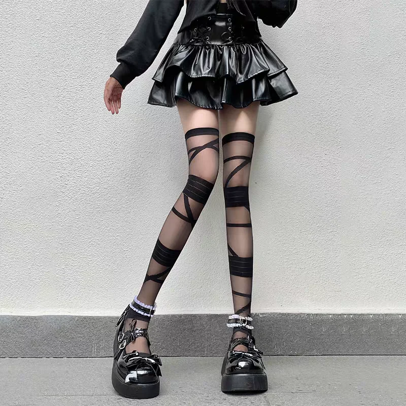 

JK Lolita Women Knee Stockings Cross Bandage Ultrathin Transparent Silk Thigh High Black Punk Y2k Girl Gothic Sexy Cosplay Party