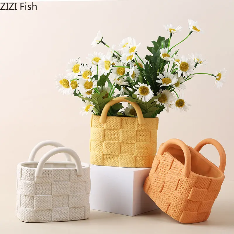 Creative Woven Handbag Vase Ceramic Flower Pots Decorative Flower Arrangement Desk Decoration Ornaments Crafts Floral Vases