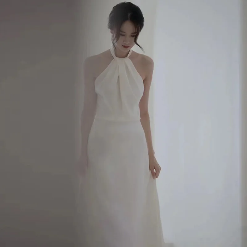 PJN 2025 NEW White Pearl Halter Backless Mermaid Wedding Dress for Bride Snapshot Dresses Women Formal Long Evening Party Dress