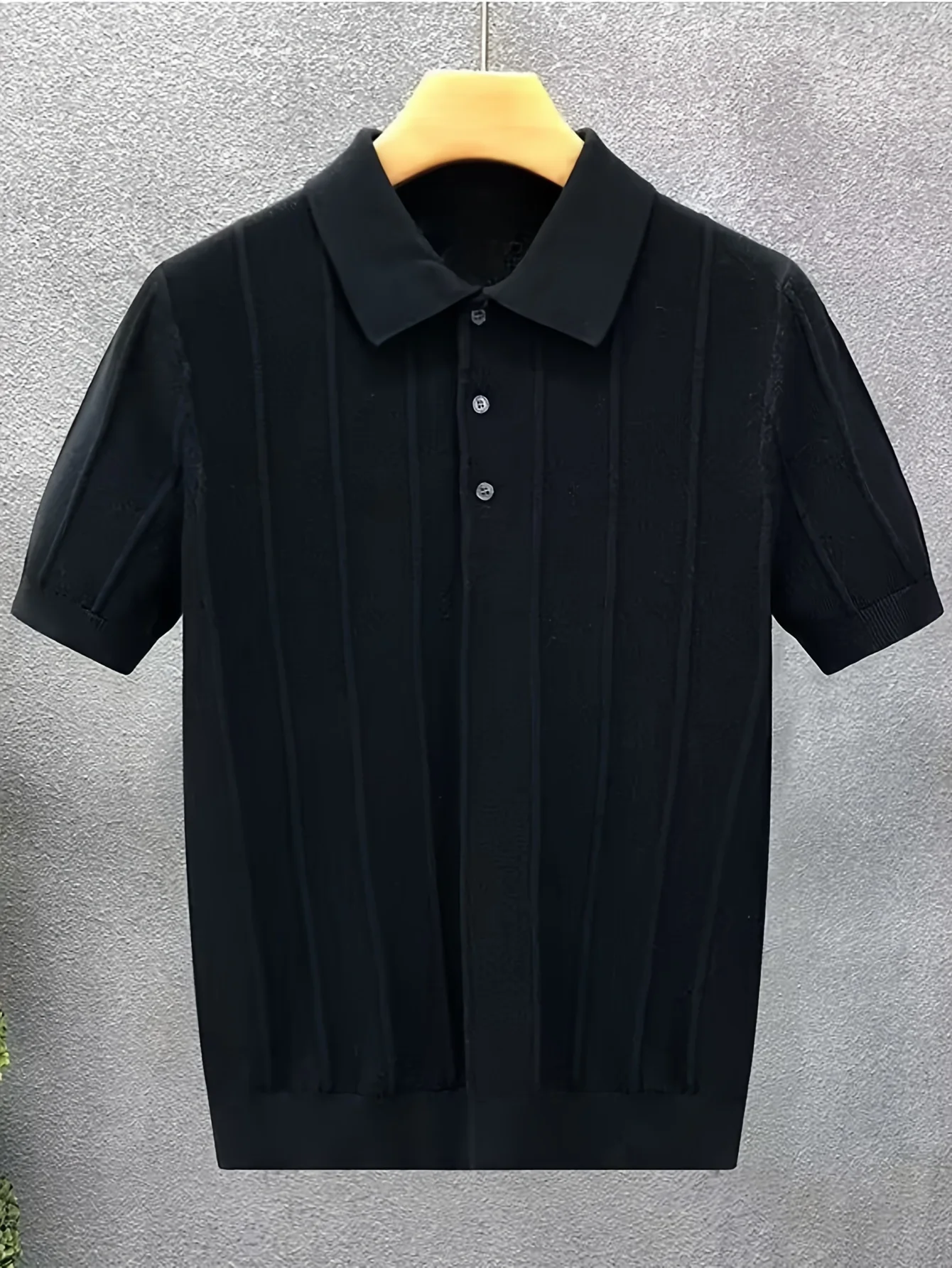 High-End Luxury Vertical Stripe Texture Short-Sleeved Polo Shirt Knitted Top for Men - Summer New Style Solid-Colored Collar Woo