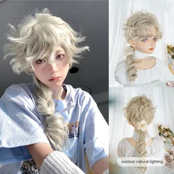 12Inch Short Wavy Wig With 24Inch Braided Hair Light Blonde Synthetic Wigs With Bang Wig For Man or Women Heat Resistant Cosplay