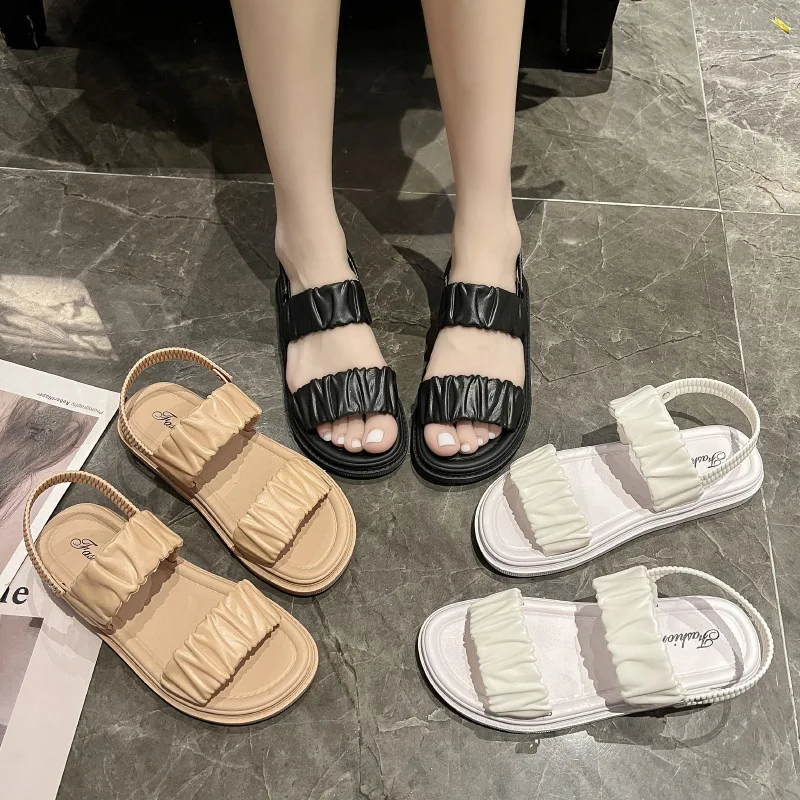 

Women Sandals One Word Buckle Summer Fashionable Ladies Shoes Waterproof Footwear Soft Comfortable Flat Bottomed Beach Shoes