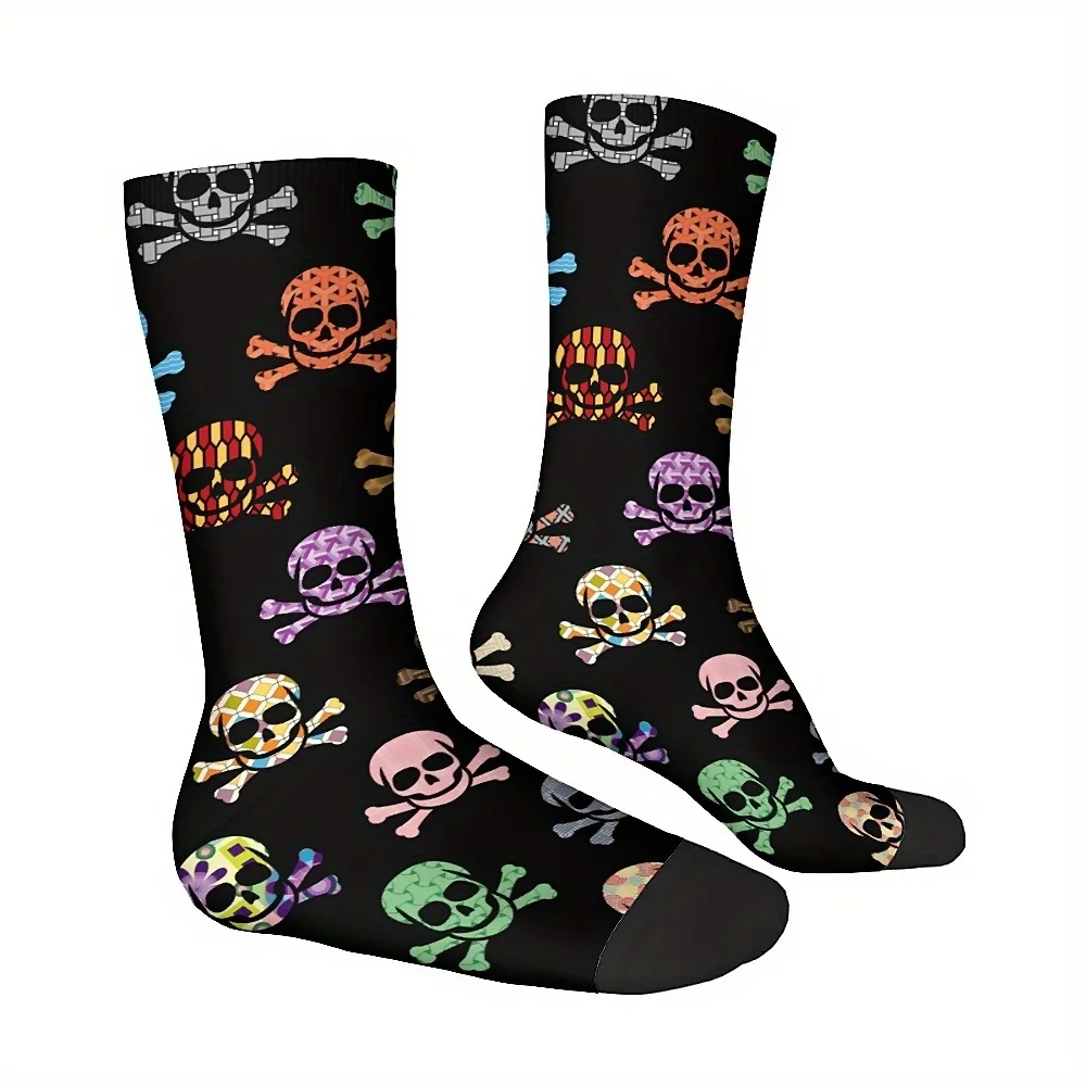 

1 Pair Unisex Harajuku Style Knit Polyester Crew Socks with Colorful Skull Print - Novelty Fun Crew Length for Men and Women,