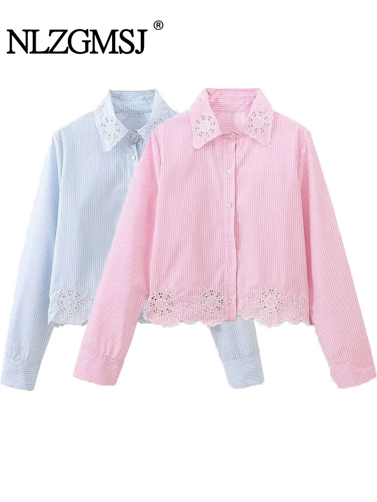 TRAF 2024 Spring Elegant Patchwork Lace Shirt For Women Lapel Long Sleeve Single Breasted Casual Colorblock Blouse Female