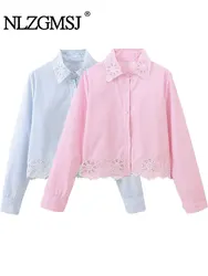 TRAF 2024 Spring Elegant Patchwork Lace Shirt For Women Lapel Long Sleeve Single Breasted Casual Colorblock Blouse Female