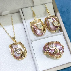 New Arrival 100% Natural Big Baroque Freshwater Pearl 14K Gold Filled Necklace Earrings Rings For Women Gift Jewelry Sets