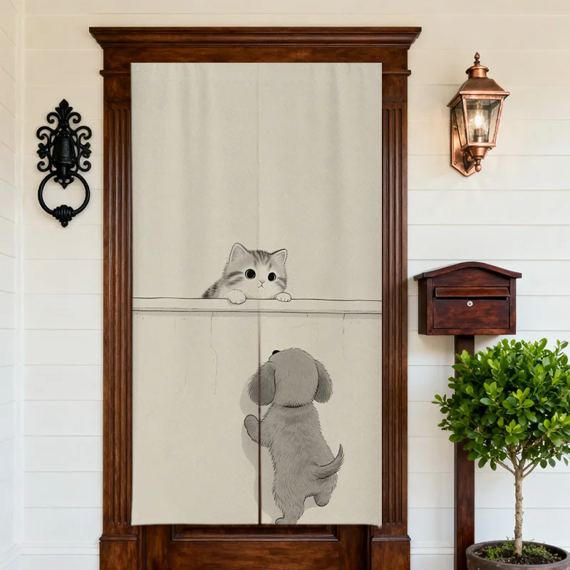 curious cat and playful dog door curtain half privacy entry divider easy wipe decor for all seasons modern interior style