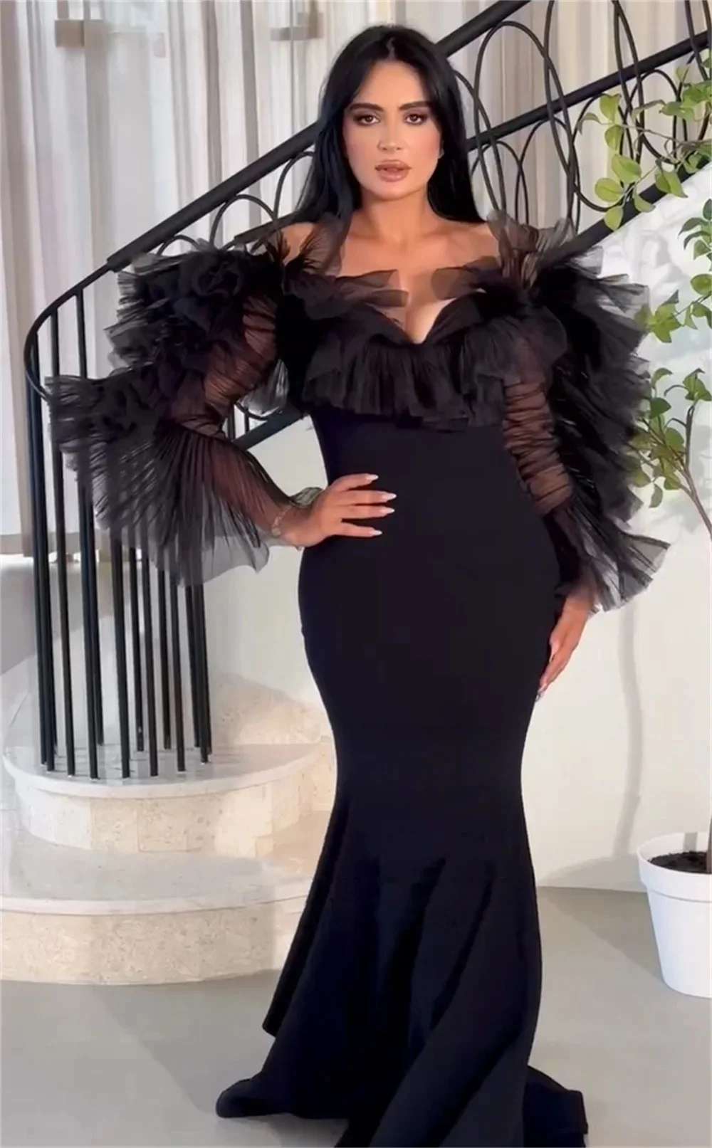 

Черные оборки с длинными рукавами на заказ Вечерние платья Pastrol Унисекс Джерси Ретро Дубай Саудовская Аравия Пром Индивидуальные