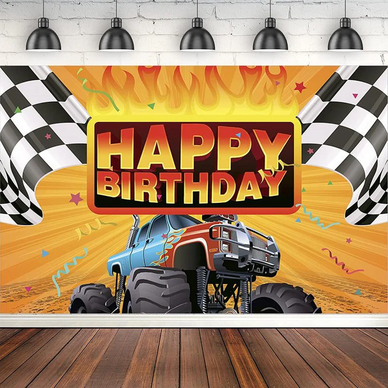 Photography Backdrop Monster Truck Themed Happy Birthday Party Racing Car Bday Background Banner Cake Table Wall Decoration