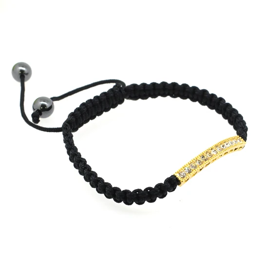 

Gold Color Alloy Curved Bar Inlay Clear Rhinestone Bracelets Bead Tassel Adjustable Black Braided String Wristband For Men Women