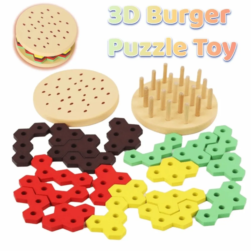 Creative 3D Burger Puzzle Toy Wood Blocks Color Cognition Montessori Stacking Toys Hexagonal Sleeve Column Geometric Shape