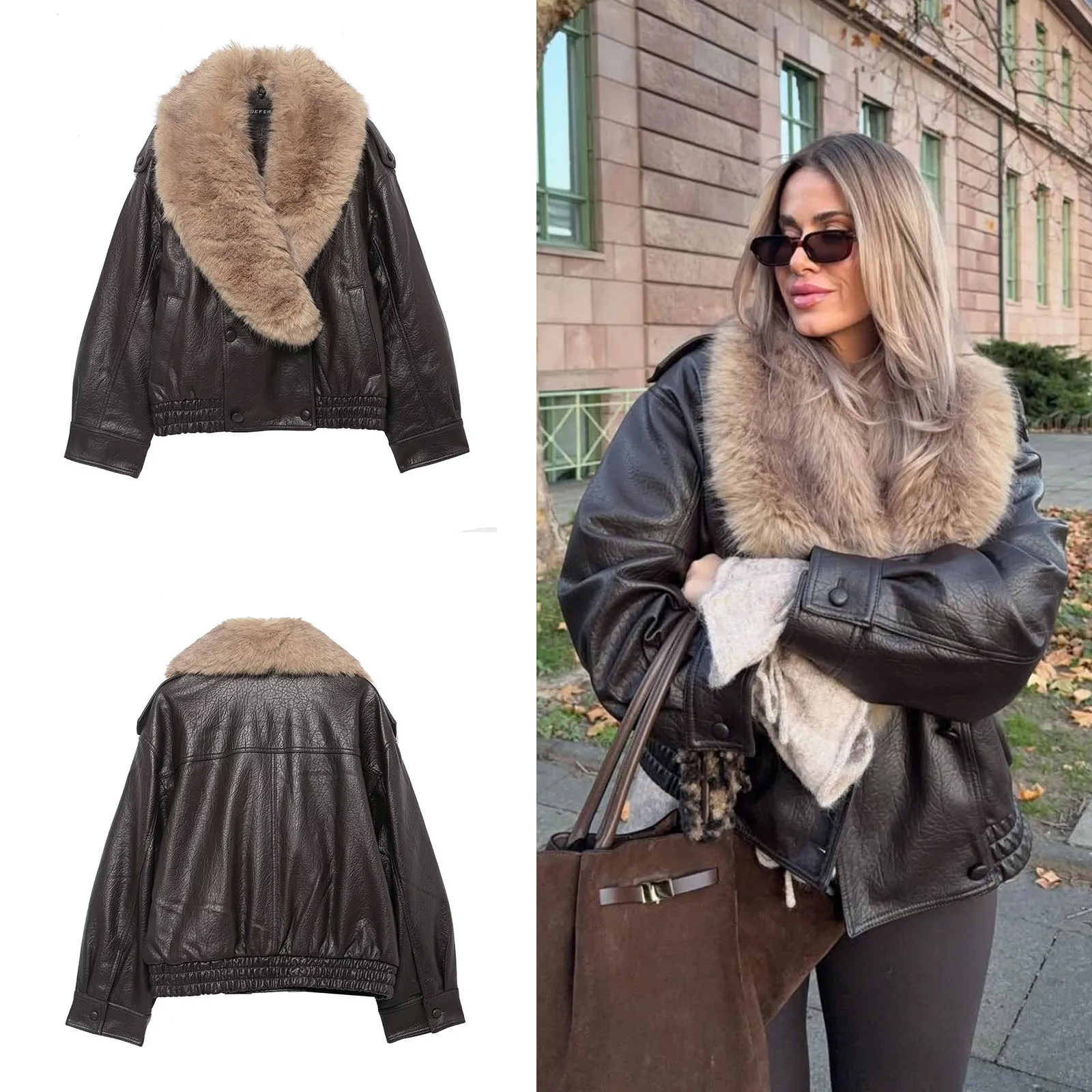 

Woman Solid Fur Lapel Long Sleeves Loose Thicken Coat Female Pockets Elastic Waist Hem Outercoat Women's Winter Streetwear