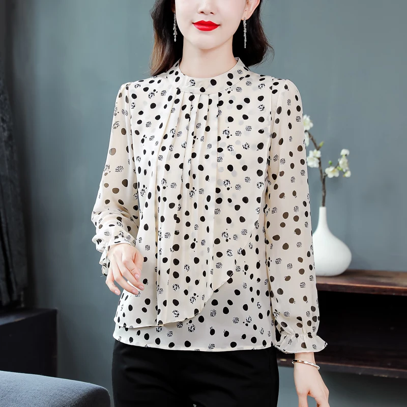 

Casual Stand Collar Loose Clothes Blusas Print Blouse Women 2023 Autumn New Fashion Polka Dot Shirt Long Flare Sleeve Tops 28936