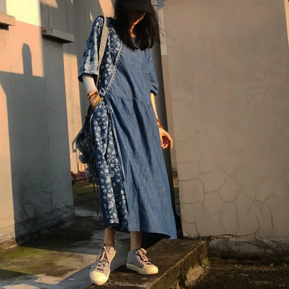 

women's Pure Cotton Denim Round-Neck Patchwork Stitching Dress With Half Sleeves Summer Ethnic Loose Cinched Waist Long Dresses