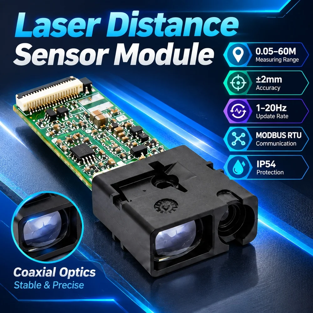 Laser Distance Sensor Module 0.05-60M ±2mm Accuracy 1-20Hz MODBUS RTU IP54 Mini Laser Ranging Module Coaxial Optics