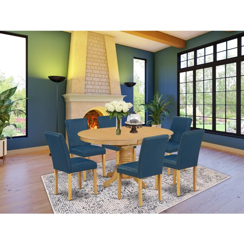 7 Piece Dining Table Set Consist of An Oval Dining Room Table with Butterfly Leaf and 6 Oasis Blue Faux Leather, Dining Tables