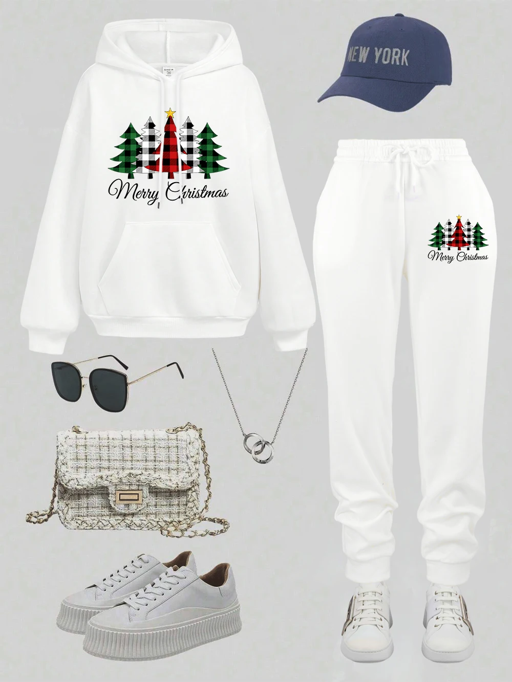 

Комплект из 2 предметов с капюшоном, женские спортивные штаны с принтом рождественской елки, спортивные флисовые теплые толстовки с карманами, брюки, осенняя свободная одежда