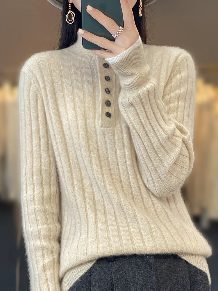 2024 High Quality Women Autumn Winter Casual Turn-down Collar Pullover Cashmere Sweater 100% Merino Wool Knitwear Clothing Tops