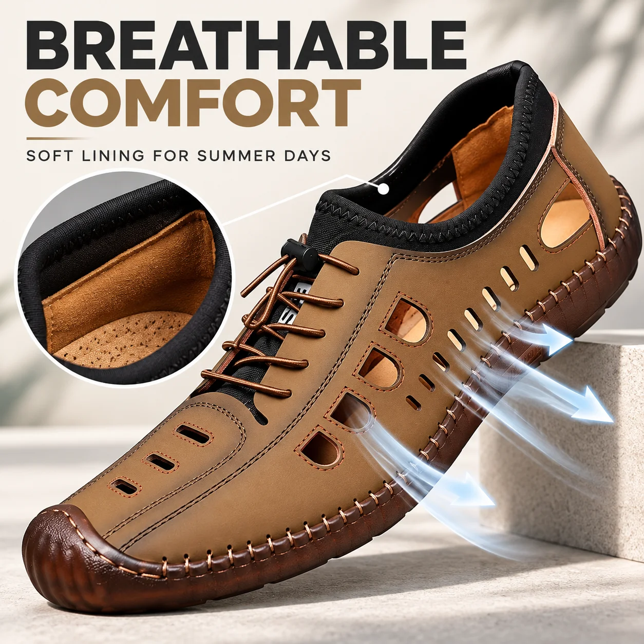 1. Men's Leather Casual Shoes Summer Hollow Sandals Breathable Soft Rubber Sole Hand Stitched Work Oxfords Footwear Sandalias