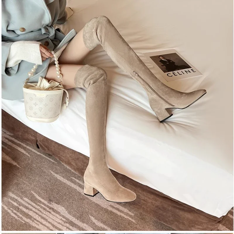 Ladies Shoes 2023 High Quality Winter Over-the-knee Modern Boots Solid Zipper  Elegant Square Toe Flat Boots Zapatos Mujer