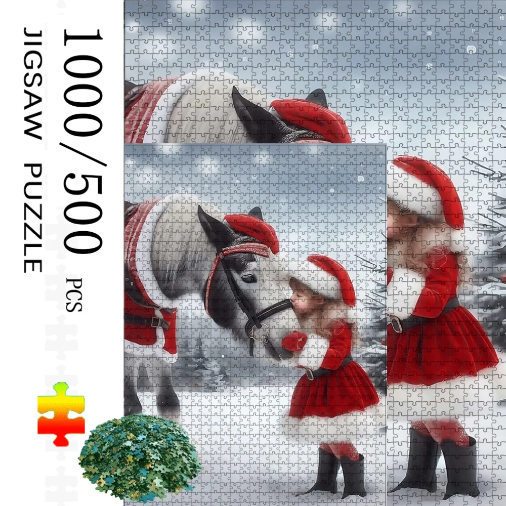 1000/500pcs Puzzles Featuring Girls, Horses, Christmas Hats, And Snowy Landscapes, Large Interactive Games for Adults And Fami