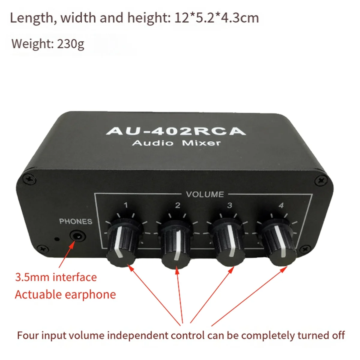 

B49CAU-402RCA Stereo Audio Mixer Multi-Channel Audio Source Reverberator Volume Control 3.5mm Headphone Driver 4 Input