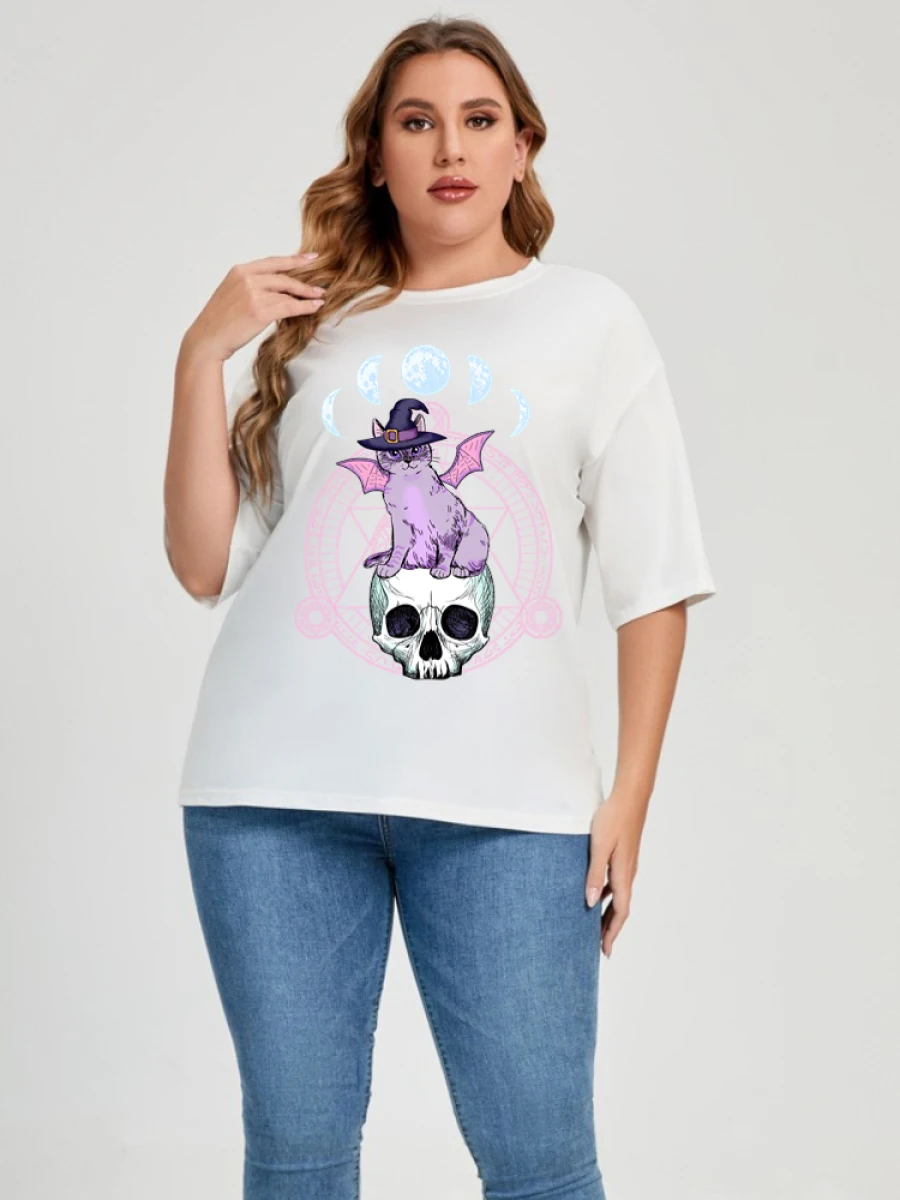 Plus Size Women T Shirt Hip-Hop Loose Punk Cat Skull Tops Tee Black T-shirt Female Summer T-shirt 90s Graphic Female Cool Tee